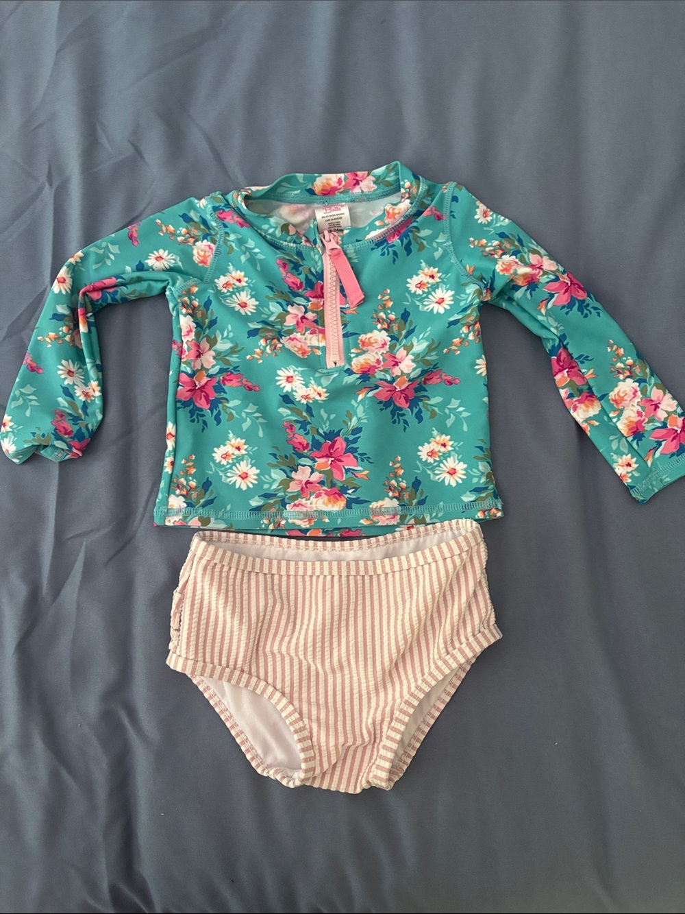 Ruffle Butts Teal Floral Rashguard with Pink-Striped Bottoms